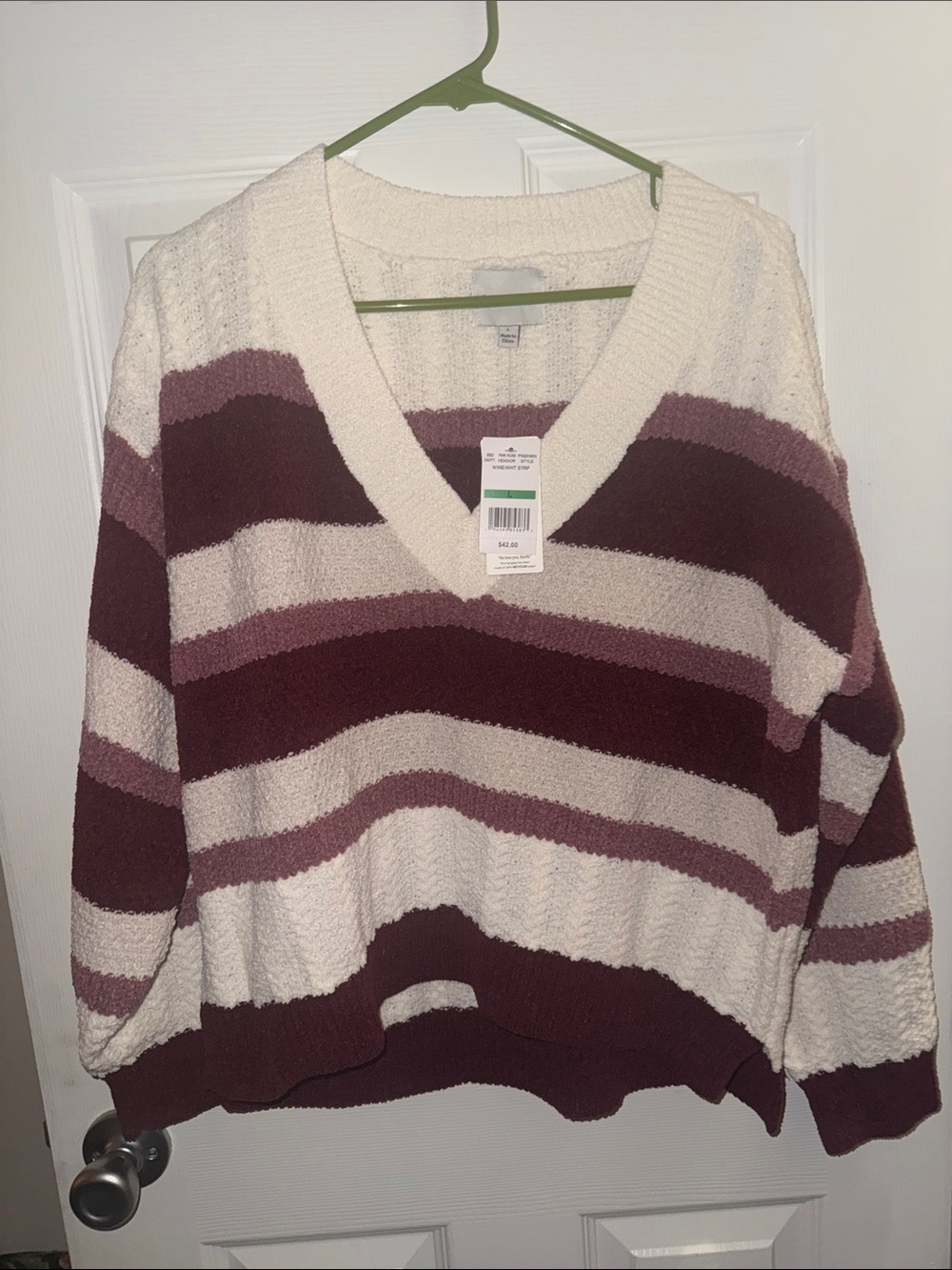 Cozy V-Neck Striped Sweater - Cream & Mauve pink rose